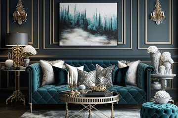 Glamorous living room - a style that often incorporates luxurious materials like velvet, crystal, and metallic accents, with a focus on drama and elegance. Generative AI	


