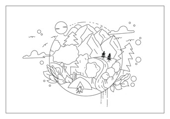 Hand Drawn Mountain View Illustration Coloring Book