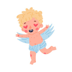 Cute flying baby Cupid with heart shaped eyes. Blond little boy angel with wings cartoon vector illustration
