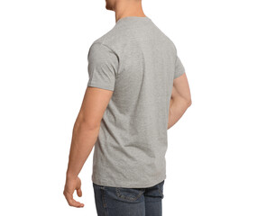 Man wearing grey t-shirt on white background, closeup. Mockup for design