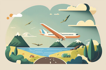Fototapeta na wymiar Travel illustration with nature, airplane, sky and cloud in harmony