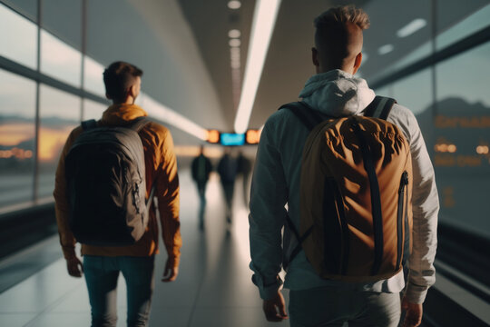 Two man walking at the airport, walking backside with backpacks