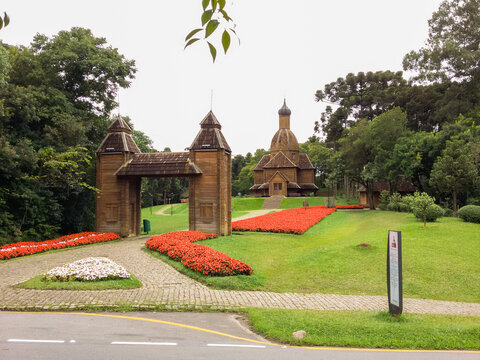 entrance portal and path to ukrainian church, park tingui, parana, brazil