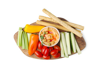 Board with delicious hummus, grissini sticks and fresh vegetables on white background, top view