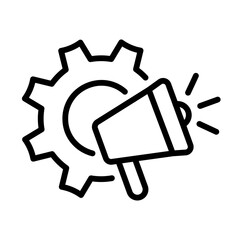 Icono de estrategia de marketing. Megáfono y engranaje. Ilustración vectorial