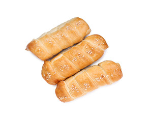 Delicious sausage rolls isolated on white, top view