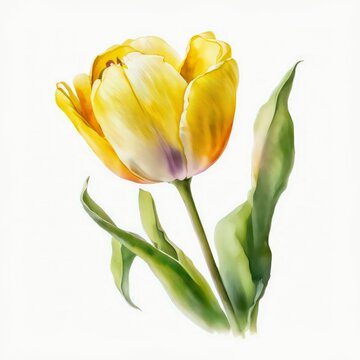 Beautiful tulip flower. Watercolor yellow tulip on white background. Generative AI art.