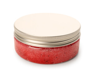 Jar of natural body scrub on white background