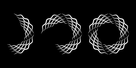 Set of white wavy lines in spiral form. Segmented circle. Geometric art. Circular shape. Trendy design element for vector dotted frame, round logo, tattoo, sign, symbol, web pages, print