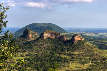 View of the rock formation known as Três Pedras, a set of testimonial hills, located in the rural...