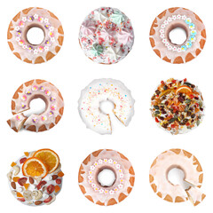 Collage of beautifully decorated Easter cakes on white background, top view
