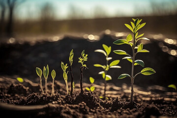 Sprouts growing under the sun in warm spring. Begining of life, sunny day, AI
