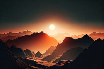 The view of a mountain range with the sunrise in the distance.