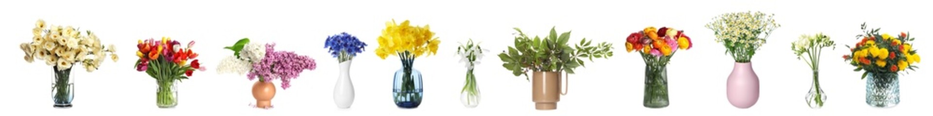 Collage with many beautiful bouquets in different vases on white background