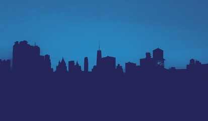 New York City skyline buildings form silhouette shapes against the background sky in Manhattan with blue monotone color effect