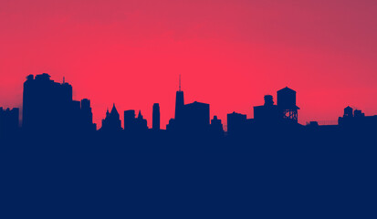 New York City skyline buildings form silhouette shapes against the background sky in Manhattan with...