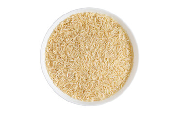 Basmati long rice in bowl isolated on white background
