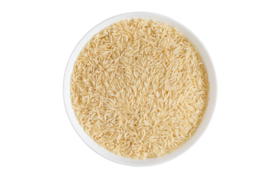 Basmati long rice in bowl isolated on white background