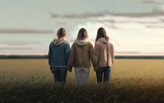 Three girls holding hands praying in an open field.  Image created with generative ai