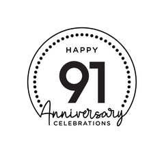 91 years anniversary. Anniversary template design concept, monochrome, design for event, invitation card, greeting card, banner, poster, flyer, book cover and print. Vector Eps10