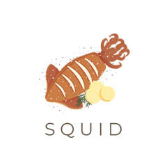Grilled Fresh Squid Vector Illustration Logo With