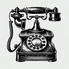 This digital AI image features a vintage retro telephone rendered in heavy black line art. The telephone is depicted in a stylish and classic design. - obrazy, fototapety, plakaty