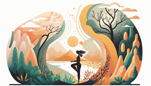 Spiritual woman yoga meditation practice. Mentally calm girl meditating in zen harmony outdoors in nature. Balance and serenity of mind and body, Wellness and health. Generative AI