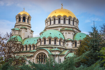Alexander Nevski cathedral square in Sofia at dramatic autumn sunset, Bulgaria