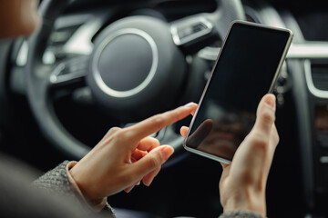 Close up of female driver hands is using phone while sitting behind steering wheel in own car