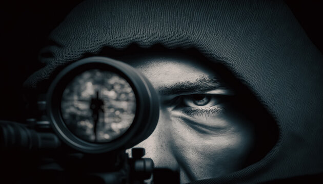 Sniper in which aiming from his rifle. sniper during the military operation. rifle target view on war zone Background. digital ai art	