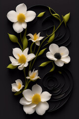 Elegant Black Background Floral Arrangement with White Flowers and Green Leaves - AI Generated, Ideal for Wallpaper and Design Resources