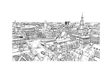 Building view with landmark of Poznan is the
city in Poland. Hand drawn sketch illustration in vector.
