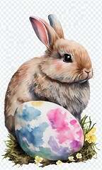  Rabbit and easter eggs. Little Bunny In Basket With Decorated Eggs - Easter Card. Concept of Easter egg illustration. Generative AI