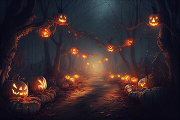 Halloween background. Spooky pumpkin with moon and dark forest. Halloween design with copyspace. Jack O’ Lanterns In Spooky Forest At Moonlight - Halloween. Generative Ai