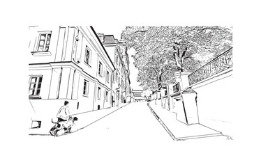 Building view with landmark of Poznan is the
city in Poland. Hand drawn sketch illustration in vector.