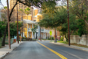 City streets in downtown san antonio residential historic districts near alimo with house and homes asphalt yellow lines