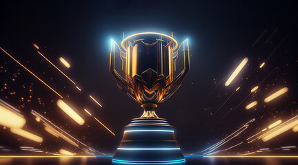 E-Sports winner trophy on futuristic view of night sky filled with advanced technology neon lights. Generative AI. - obrazy, fototapety, plakaty