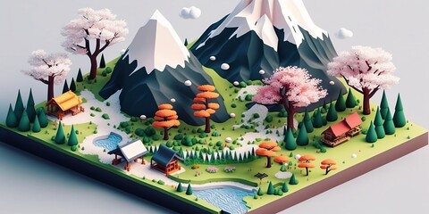 3D 32 bit Isometric landscape of a Japanese village river cherry blossom trees Spring Summer Mt Fuji Ai Art Computer Background Wallpaper