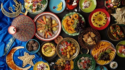 Ramadan halal food. Eid table setting top view. Hummus, Moroccan traditional cuisine. Authentic local homemade traditional meals
