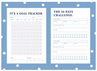 (Ocean) 30 Days Challenge and 100 Days of habits month planner. Minimalist planner template set. Vector illustration.