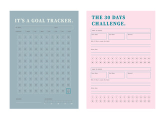 (Blue and Pink) 30 Days Challenge and 100 Days of habits month planner. Minimalist planner template set. Vector illustration.