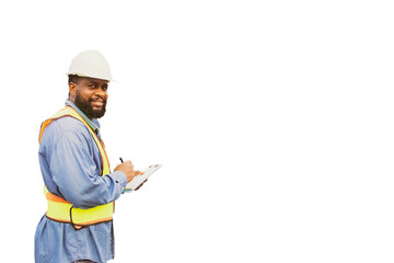 Afro american male worker safety officer in reflective vest holding clipboard recording work,...