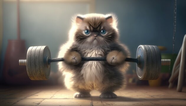 Adorable cat lifting weights. Created with Generative AI.