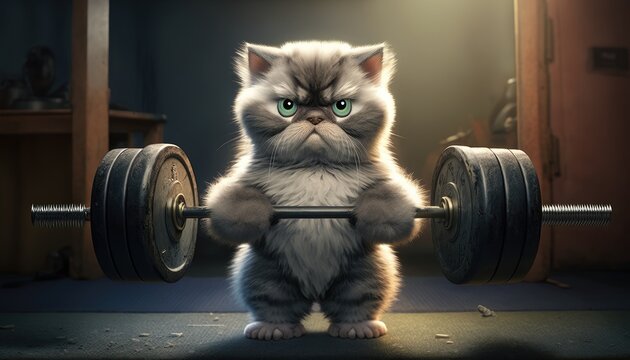 Adorable cat lifting weights. Created with Generative AI.