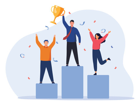 Businessman with golden trophy. Happy business people standing on the winner podium with awards. Vector illustration concept of business success,  awards, career, successful projects, and competition.