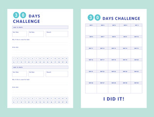 30 Days Challenge and 100 Days of habits month planner. Minimalist planner template set. Vector illustration.