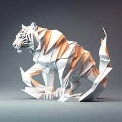 White background, hyper sharp 3D tiger, paper origami, pastel colours