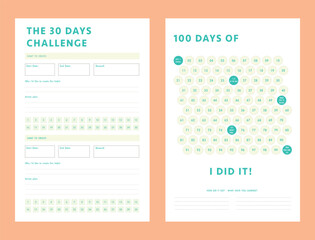 30 Days Challenge and 100 Days of habits month planner. Minimalist planner template set. Vector illustration.