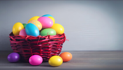 Easter eggs in colorful basket on table. White wall. Space for text.