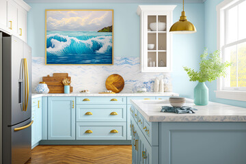 A beachy kitchen with light blue walls, nautical decor, and a marble countertop - Generative AI